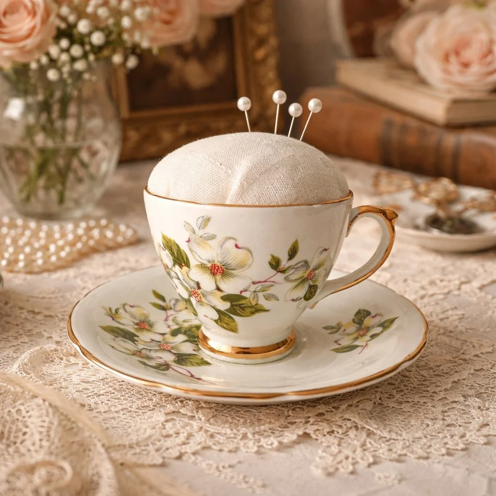 Repurposed Handmade Vintage Tea Cup Pincushion - Picture 1 of 9